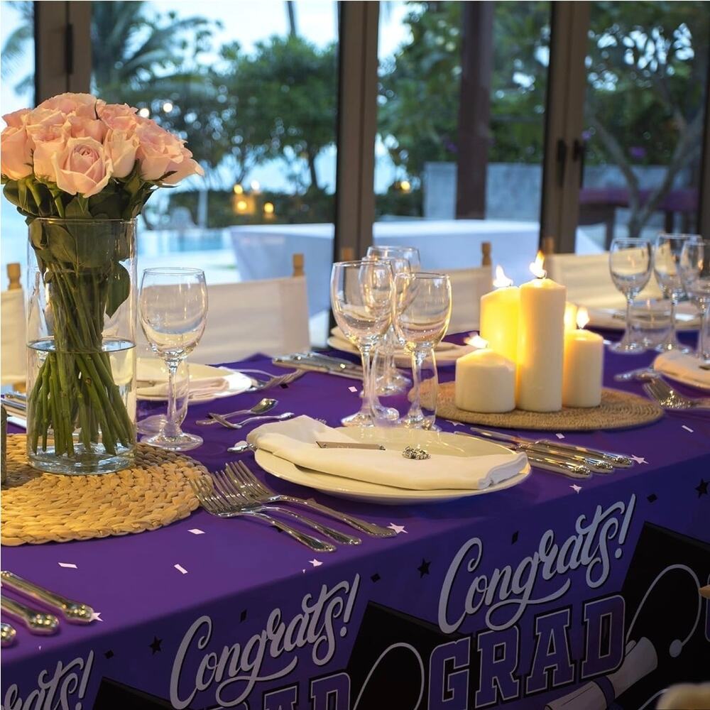 Gatherfun Graduation Decorations 2 PC Purple Plastic Tablecloth 54"x108" s34 - Picture 4 of 7